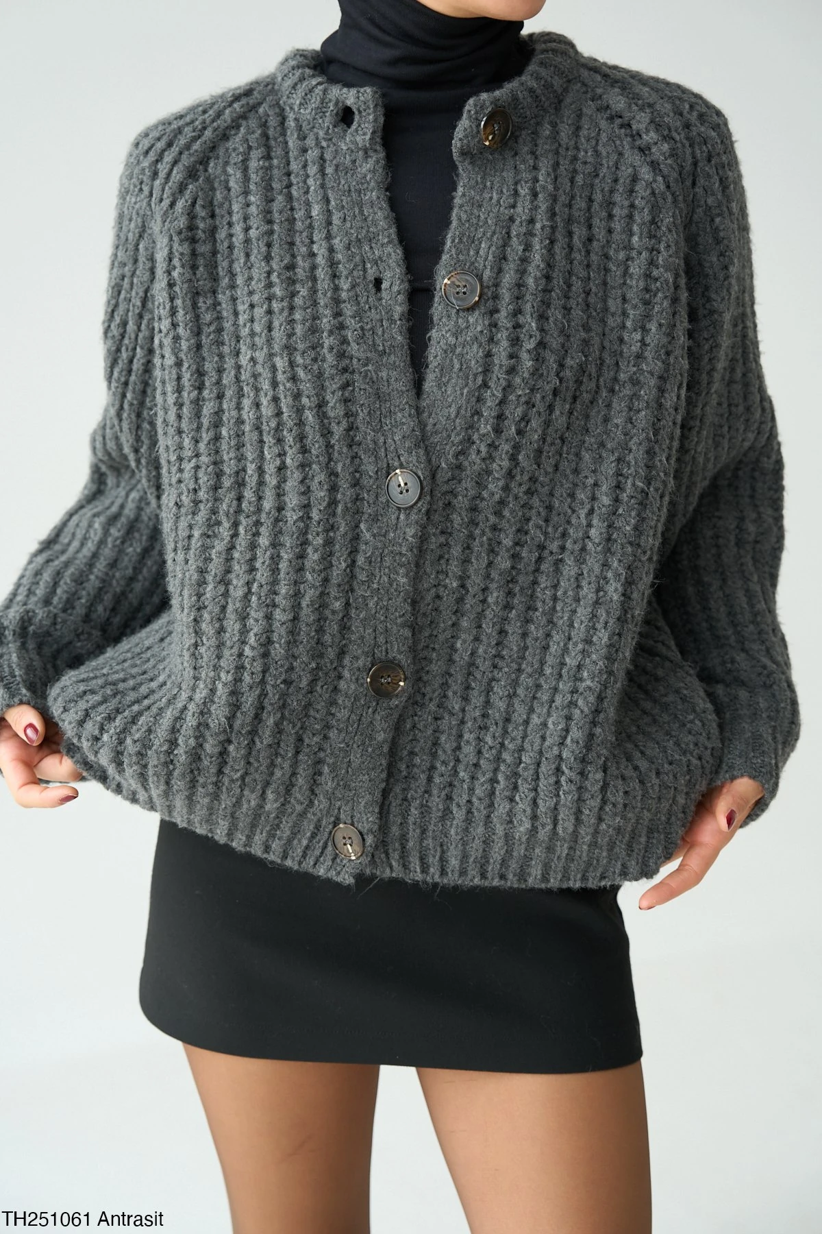 Kalın Örgü Oversize Triko Kazak - Antrasit