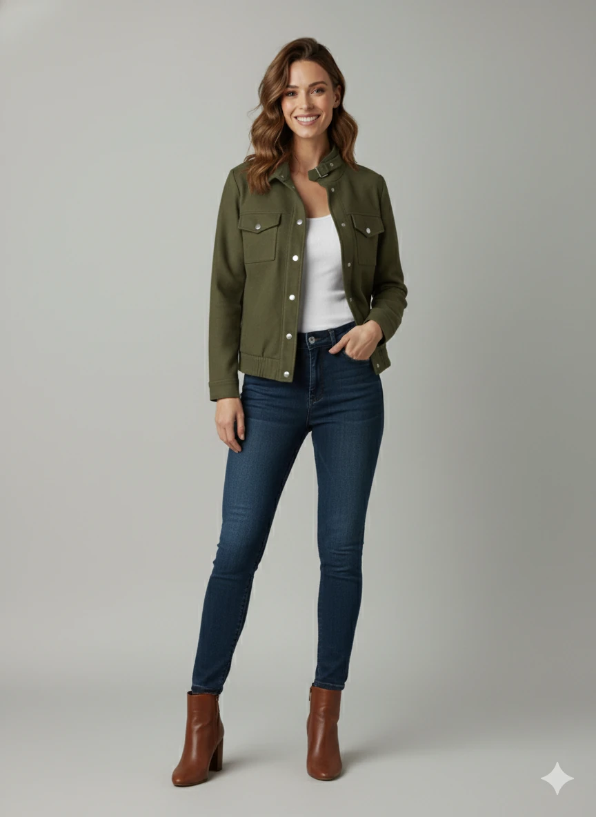 Kadın Taba Zarif Kısa Ceket Toka Detaylı Dik Yaka Cepli Süet/Kaşe Baharlık Ceket - Haki Yeşili