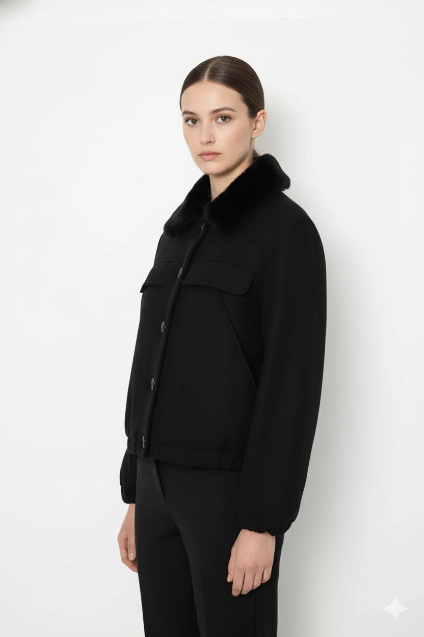 Cemo Kuzu Kürk Yakalı Düğmeli Kısa Suni Deri Ceket - Siyah