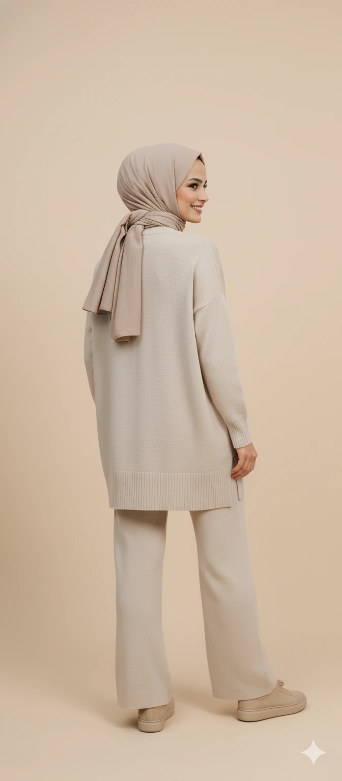 Triko Tunik Pantolon Tesettür Takım - Taş