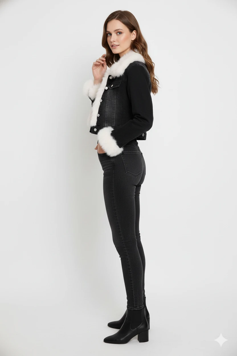 Siyah Kot Suni Kürk Yaka Manşetli Mont