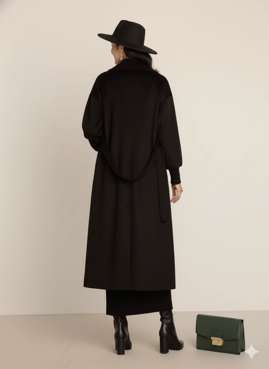 Kadın Siyah Kaşe Uzun Kaban Maksi Boy Palto Geniş Yakalı Düz ​​Kesim Kışlık  - Siyah