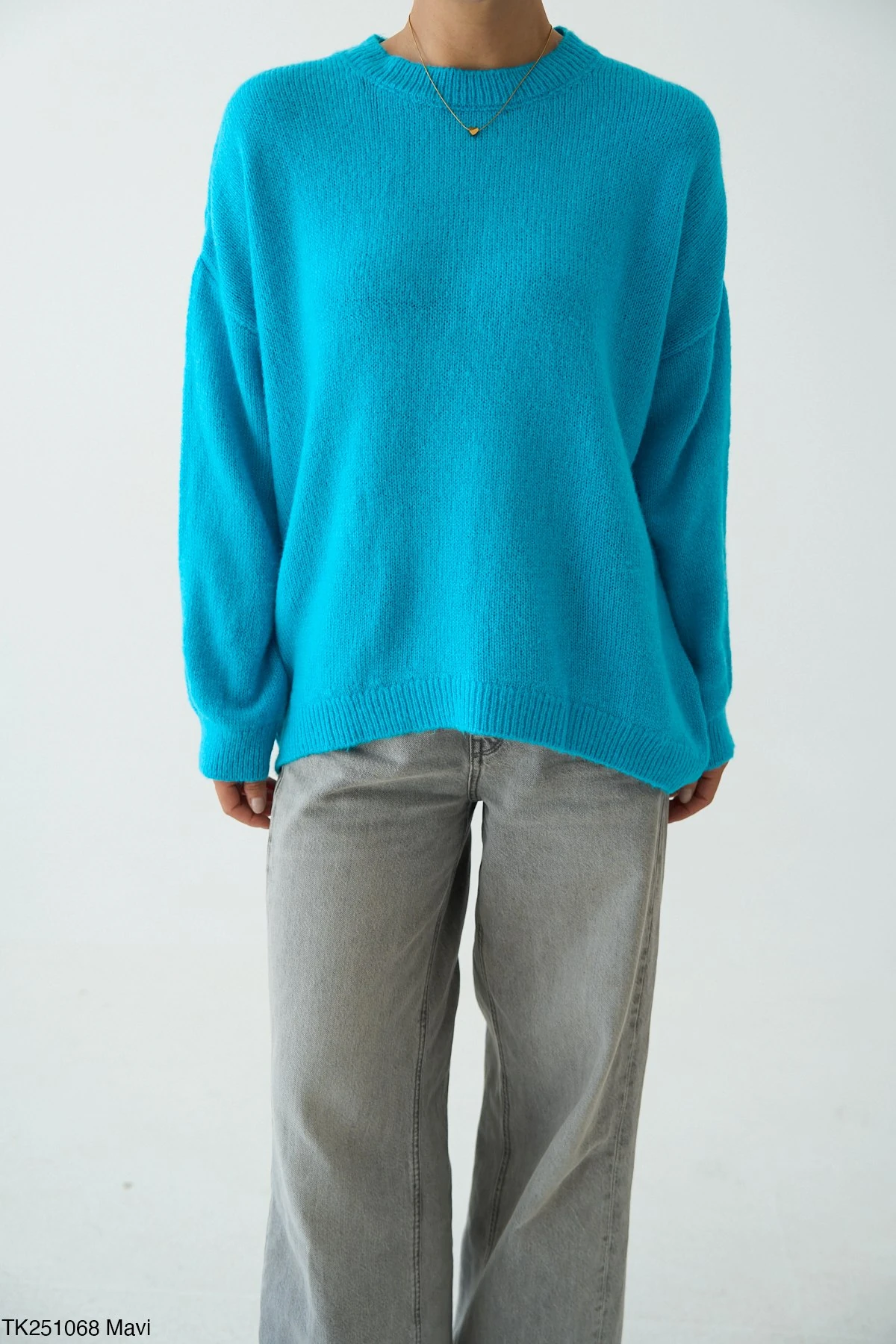 Bisiklet Yaka Oversize Triko Kazak - Mavi