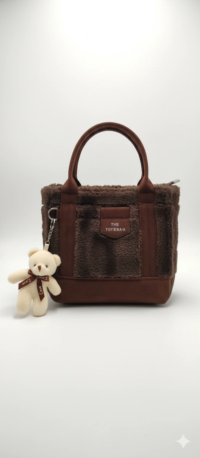 Kürk ve Teddy Ayıcıklı Tüylü Mini Tote Çanta - Koyu Kahve