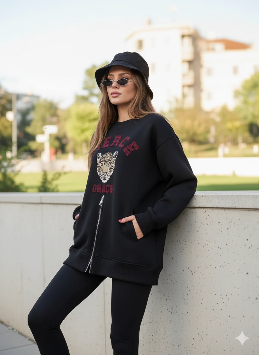 Fermuarlı Leopar Baskılı Oversize Siyah Sweat