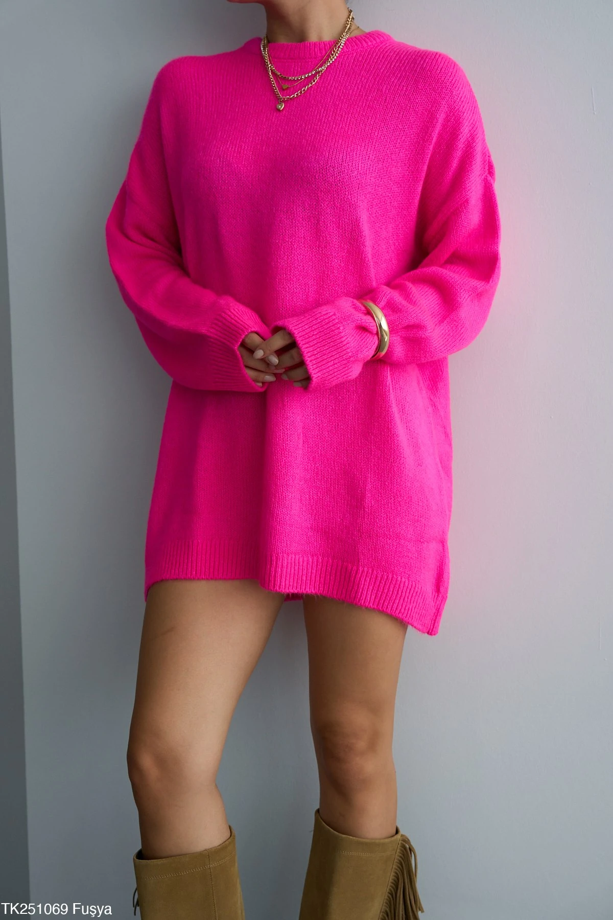 Bisiklet Yaka Tüylü Oversize Kazak - Koyu Pembe