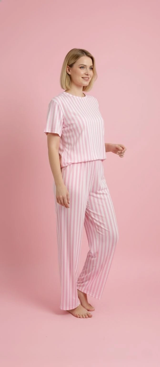 Pembe Beyaz Çizgili Kısa Kollu Pijama