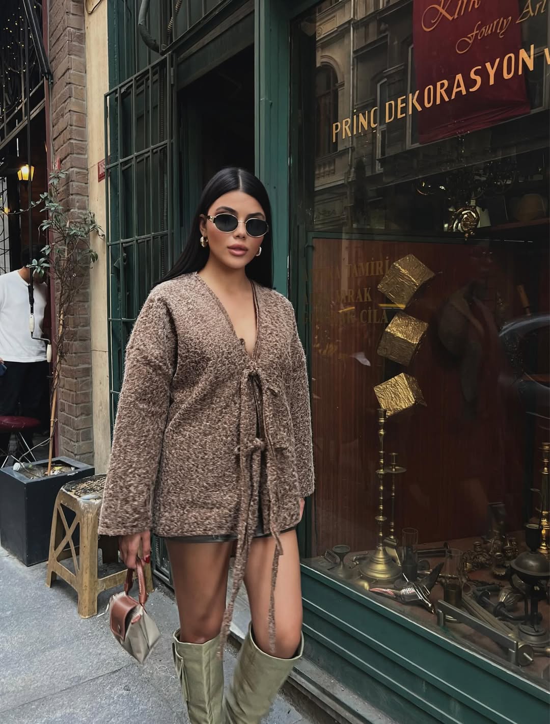 Kadın Tüylü Örme Triko Bağlamalı Hırka Tunik Boy Oversize Salaş Ceket