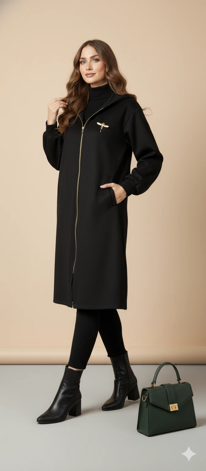 Kadın Gri Kapüşonlu Balon Kol Fermuarlı Kaban Oversize Midi Boy Kışlık Kaşe Mont - Siyah