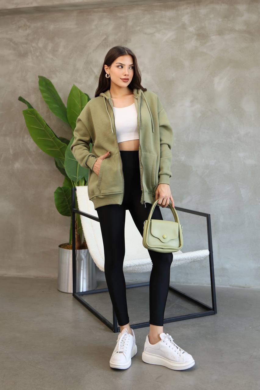 Kadın Genç Unisex Cepli Kapüşonlu Fermuarlı Sweatshirt Hırka - Haki Yeşili