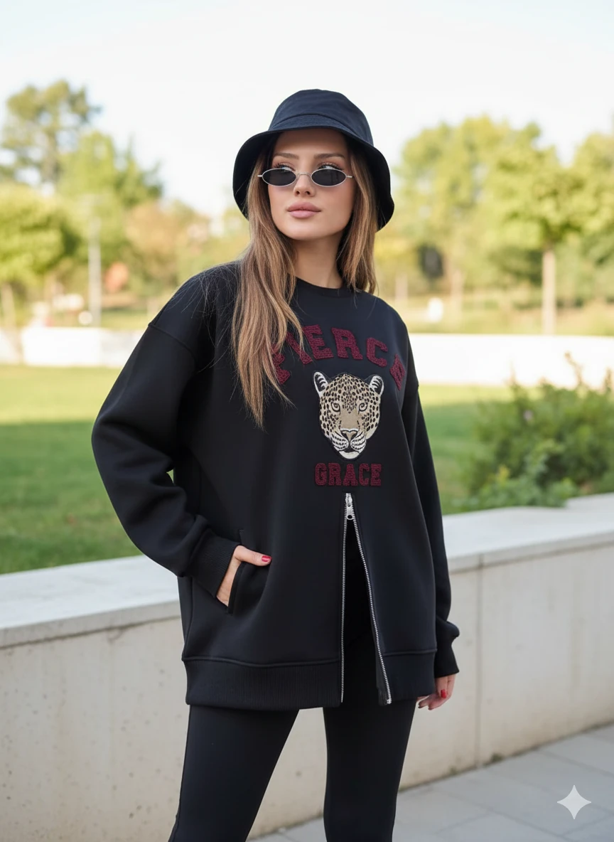 Fermuarlı Leopar Baskılı Oversize Siyah Sweat