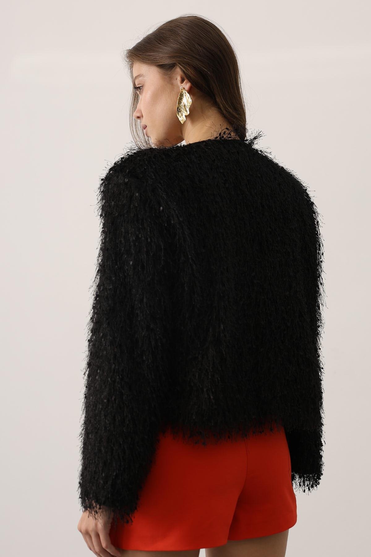 Kadın Bisiklet Yaka Astarlı Sakal İp Ceket