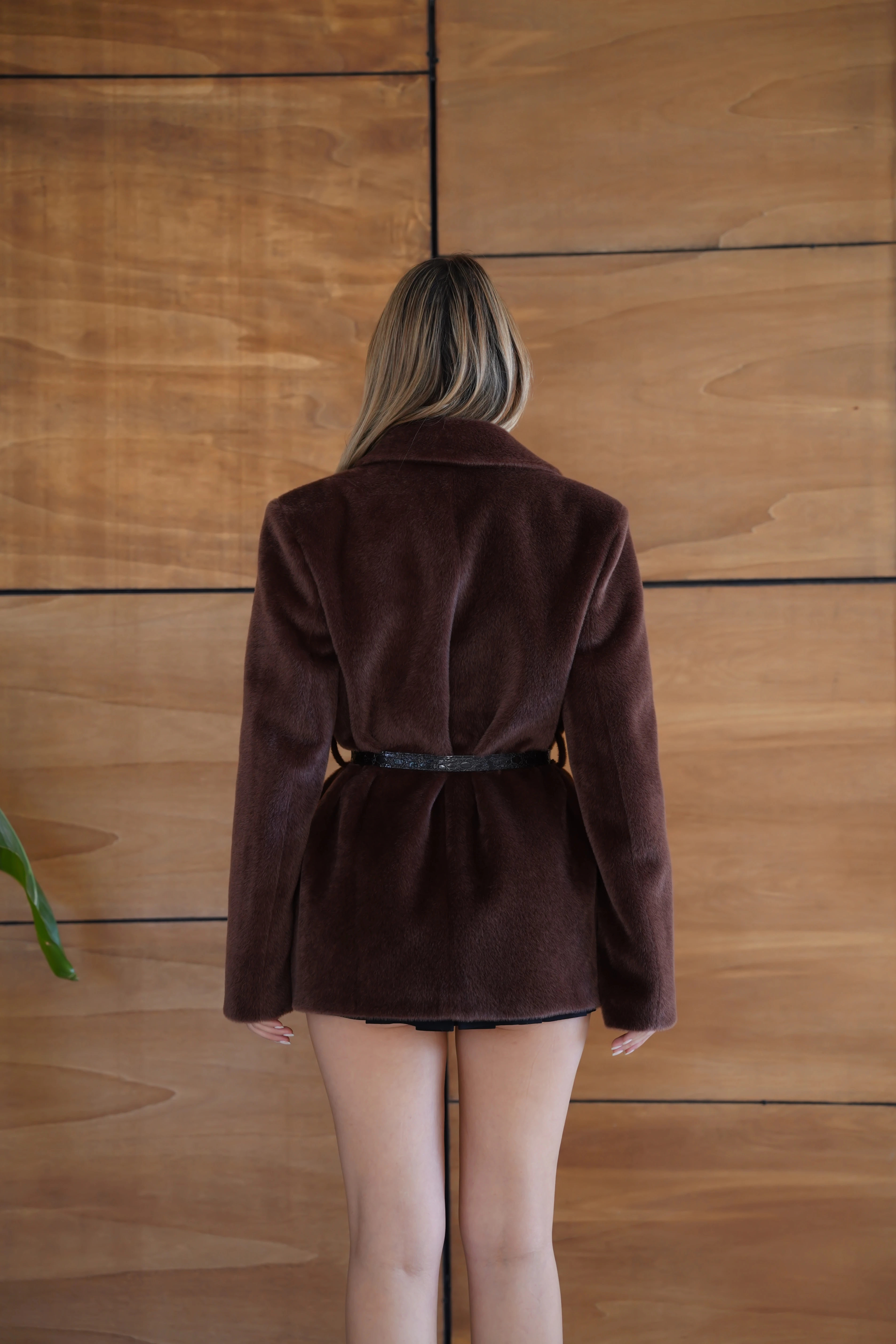 Suni Kürk Uzun Kollu Astarlı Blazer Ceket Kışlık Şık Kadın Peluş Ceket - Kahverengi