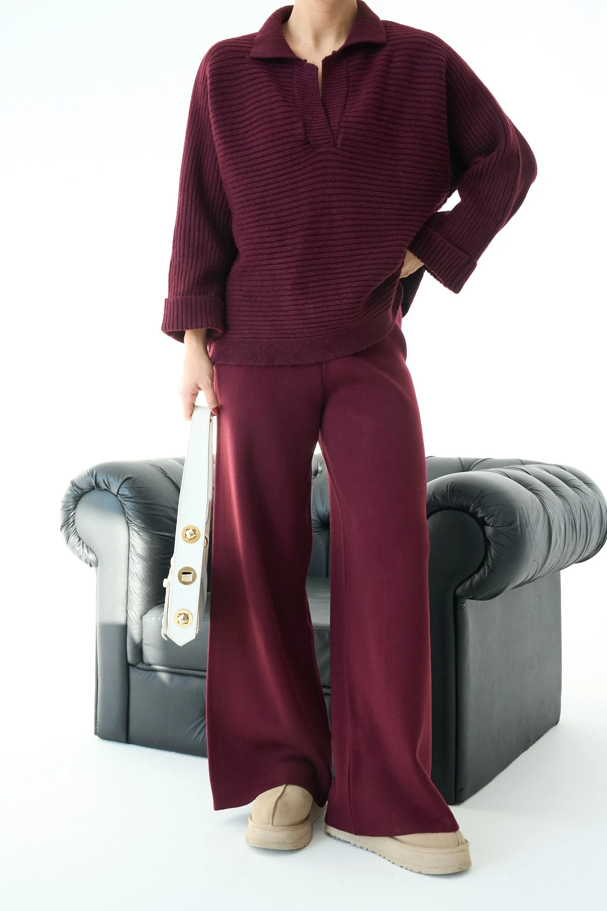 Kadın Kaburga Örgü Uzun Kollu Polo Yaka Kazak Tuniği - Bordo