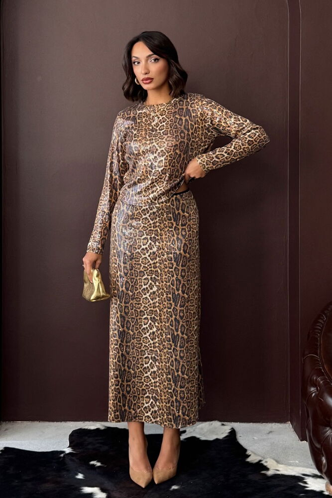 Pullu Leopar Desenli Uzun Kollu Bluz