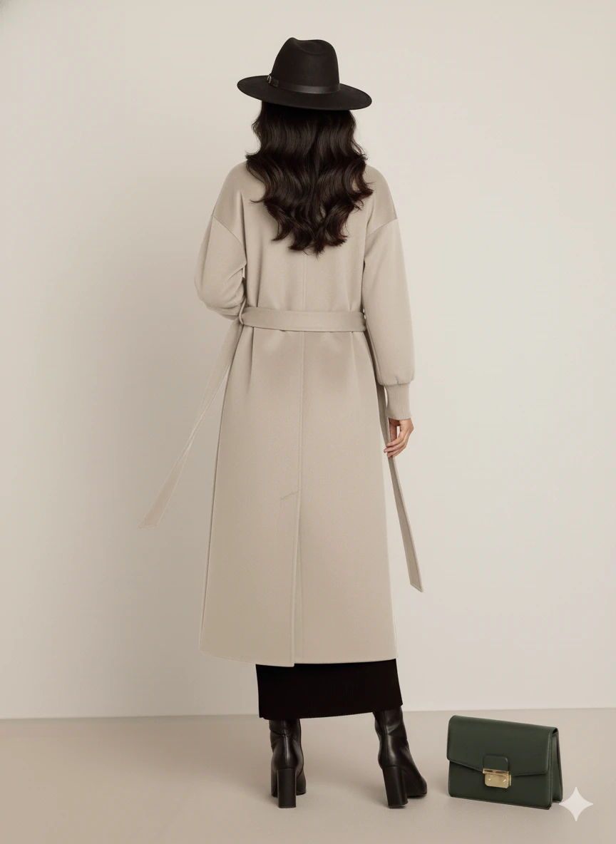 Kadın Siyah Kaşe Uzun Kaban Maksi Boy Palto Geniş Yakalı Düz ​​Kesim Kışlık  - Bej