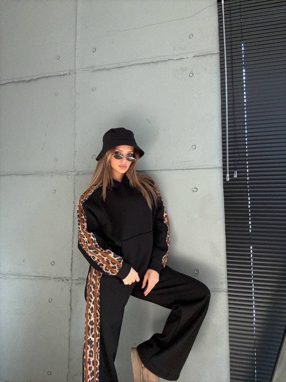  Leopar Detaylı Oversize Eşofman Takımı - Siyah