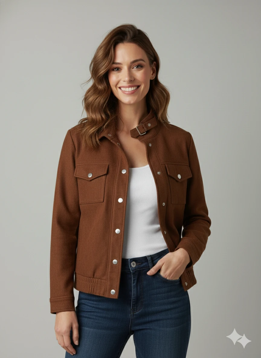 Kadın Taba Zarif Kısa Ceket Toka Detaylı Dik Yaka Cepli Süet/Kaşe Baharlık Ceket - Kahverengi