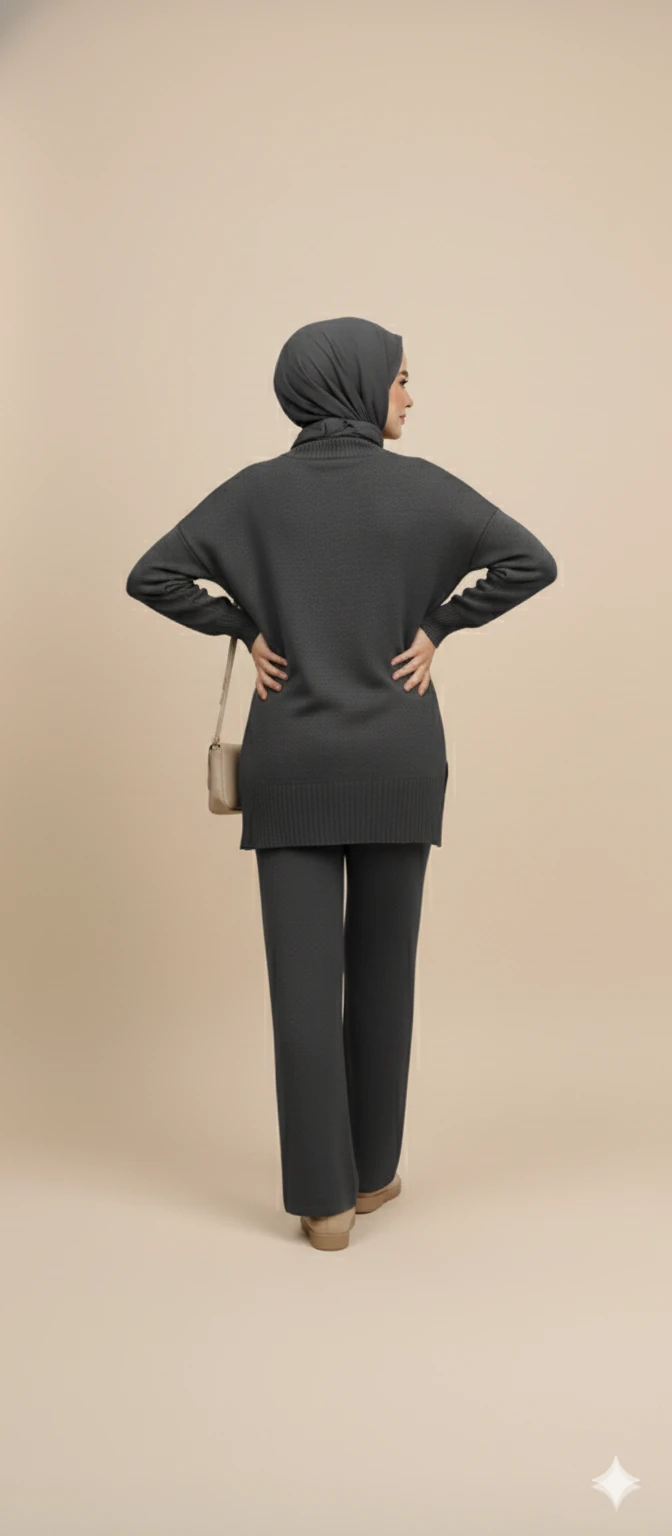 Triko Tunik Pantolon Tesettür Takım - Antrasit