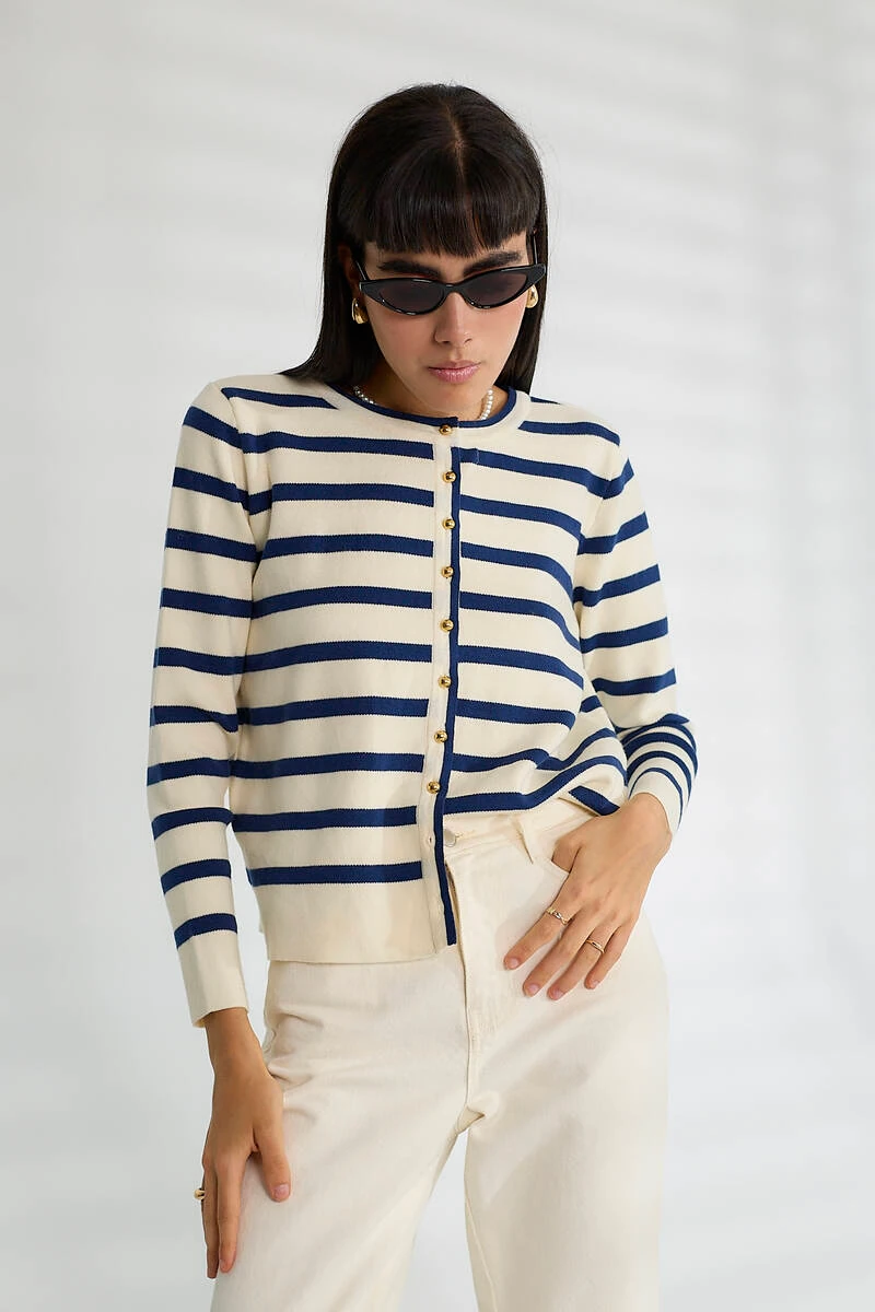 Cemo Basic Düğmeli Çizgili Uzun Kollu İnce Triko - Laci-Taş