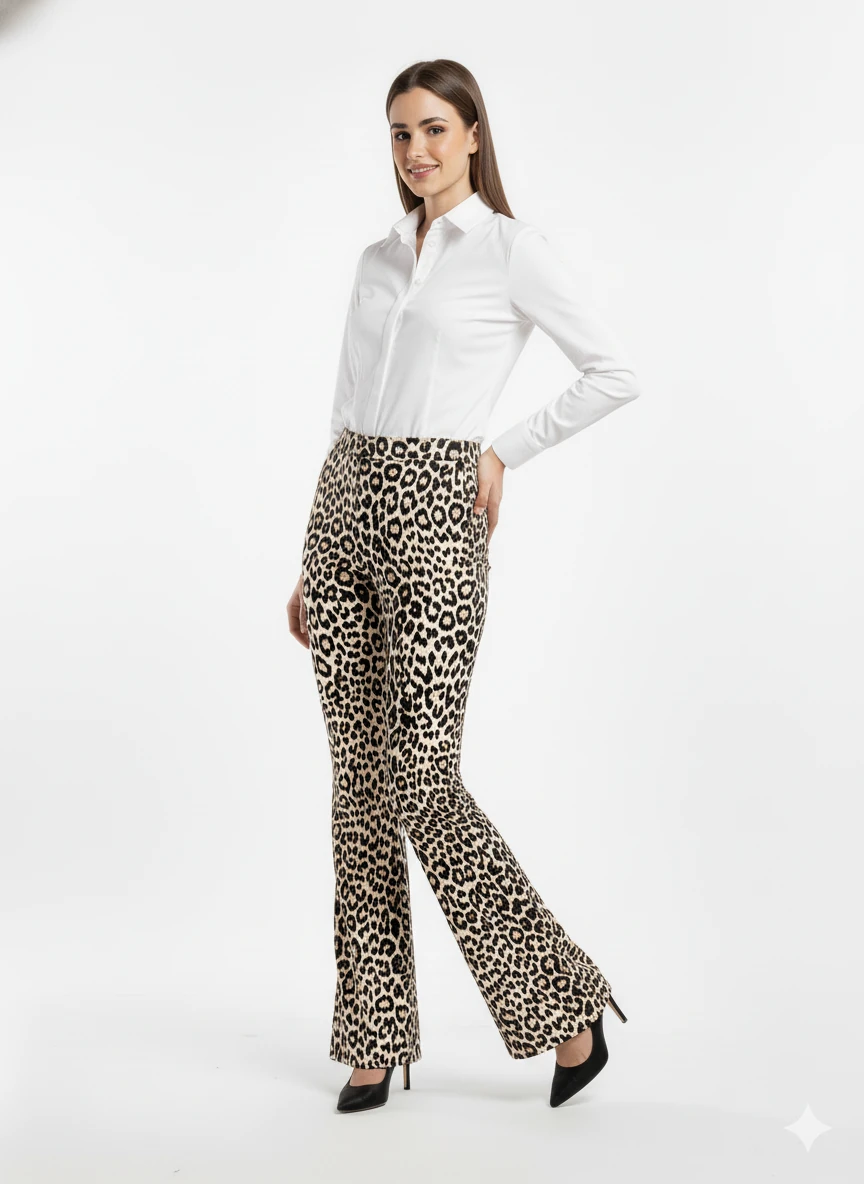 Leopar Desenli Yüksek Bel Geniş Paça Pantolon