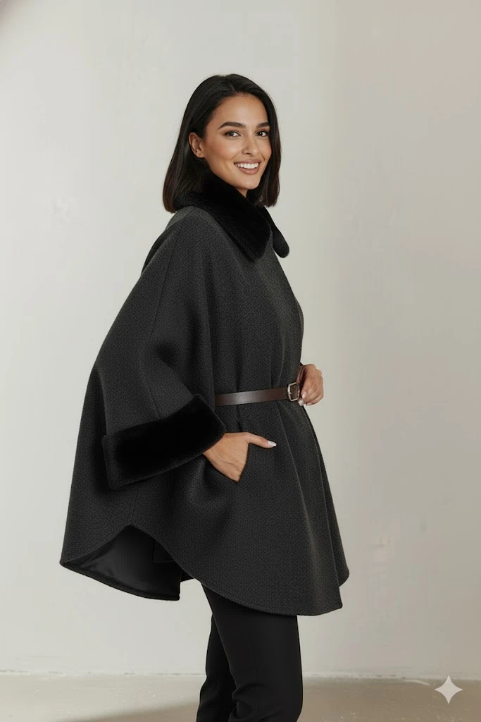 Kadın Kürk Yaka Manşet Detaylı Panço Kaban Kemerli Pelerin Ceket Kaşe - Siyah