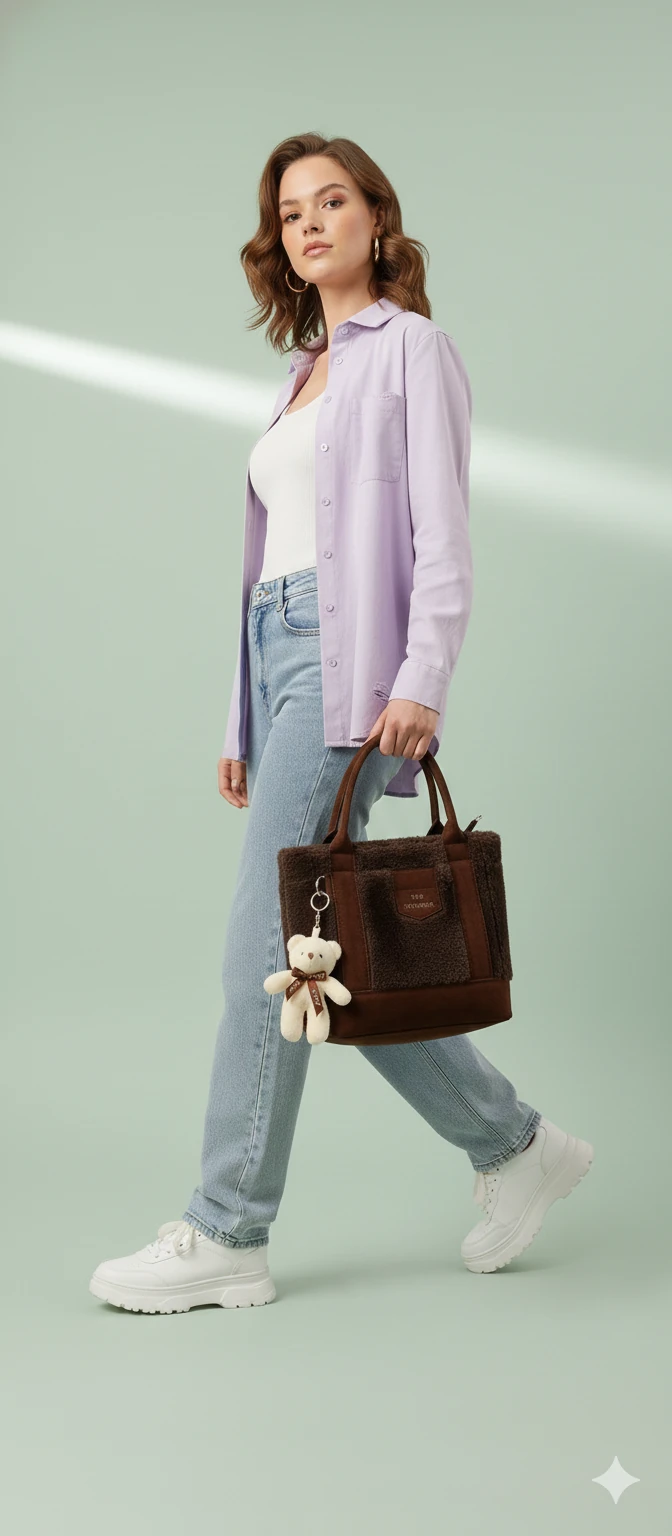 Kürk ve Teddy Ayıcıklı Tüylü Mini Tote Çanta - Koyu Kahve