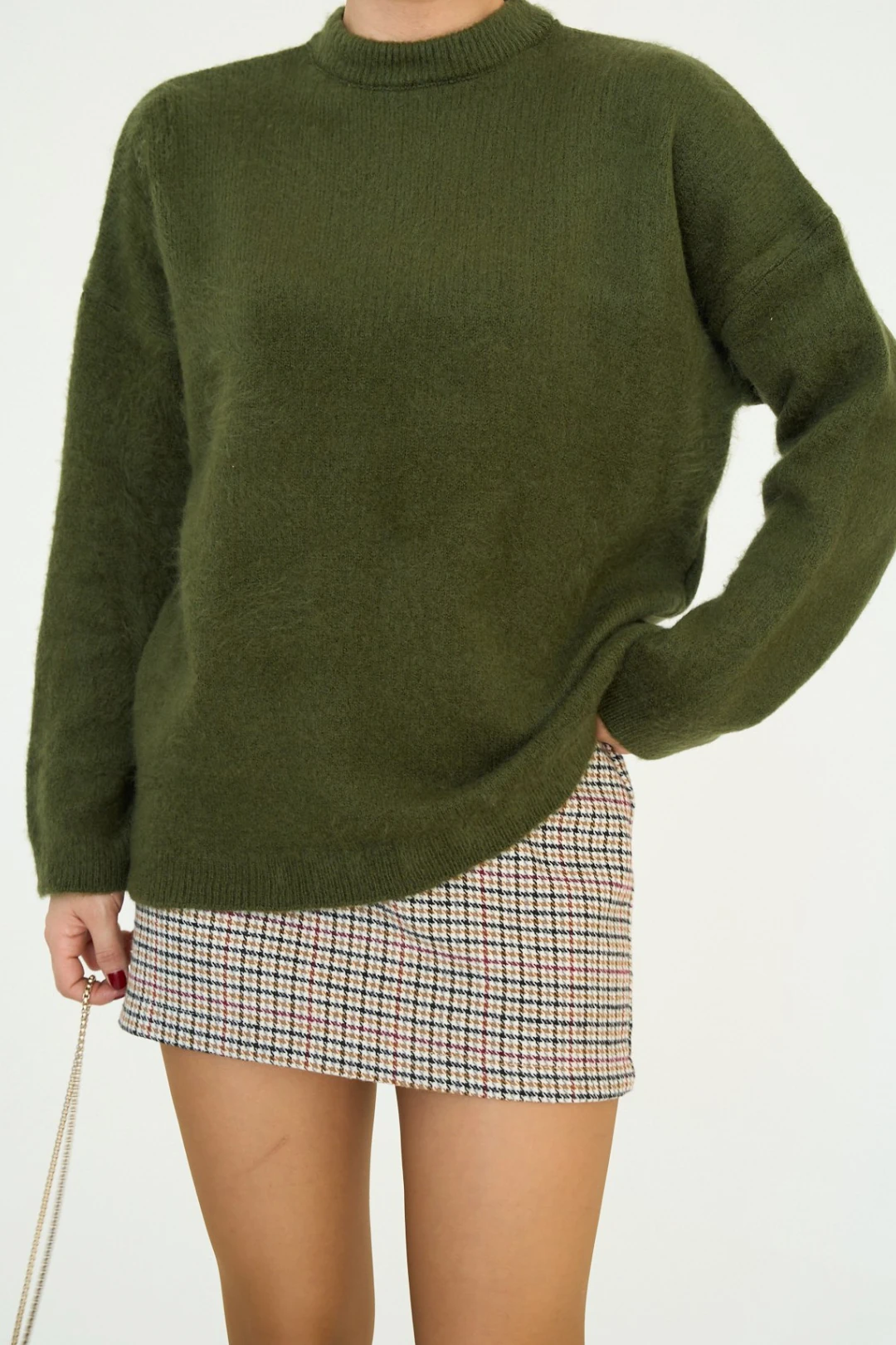 Tüylü Örgü Büyük Boy Yuvarlak Yaka Kazak Uzun Kollu Süveter - Haki Yeşili