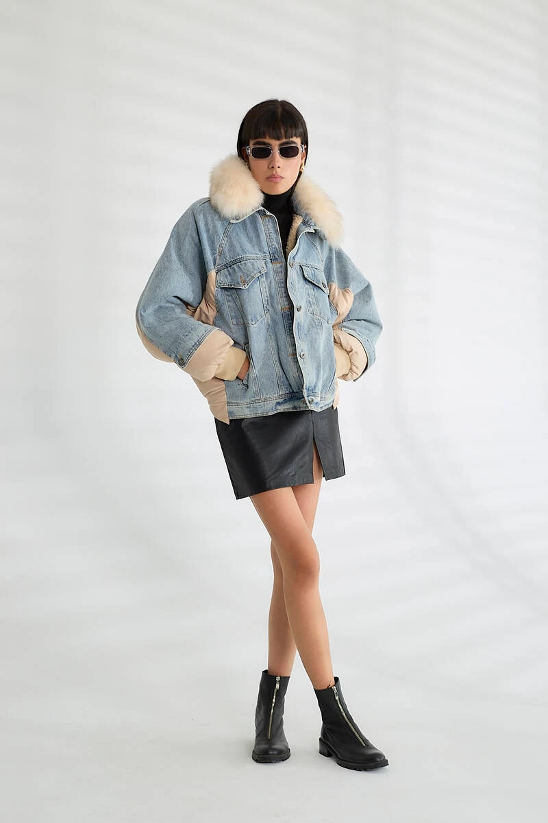 Kadın Kürk Yakalı Kot Ceket Şişme Puffer Detaylı Oversize Kışlık Denim Mont