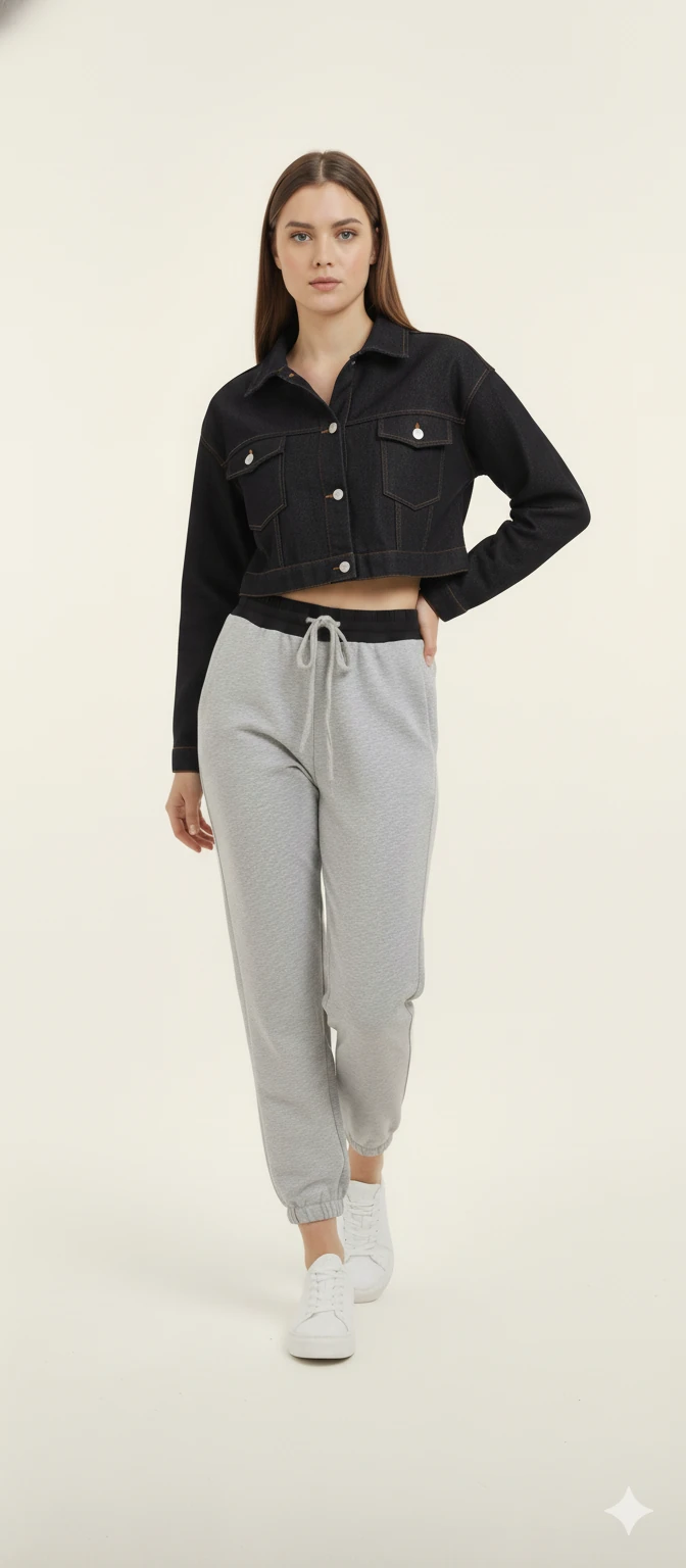 Cemo Siyah Jean Ceket ve Gri Eşofman Altı Kombin Seti