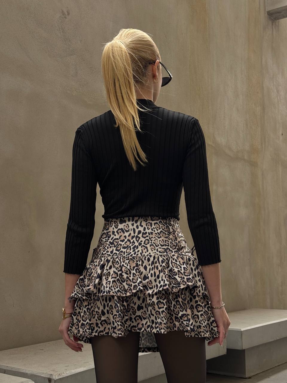 Kadın Leopar Desenli Fırfırlı Mini Etek Kat Kat Yüksek Bel Kışlık Kısa Etek