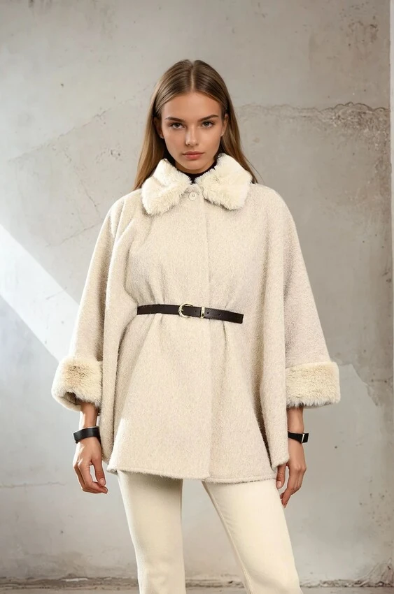 Kadın Kürk Yaka Manşet Detaylı Panço Kaban Kemerli Pelerin Ceket Kaşe - Bej