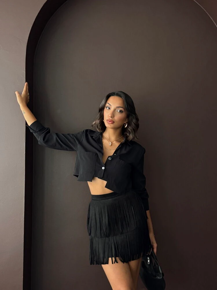 Kadın Siyah Püsküllü Mini Etek Katmanlı Saçaklı Süet/Scuba Kumaş Abiye Party Eteği