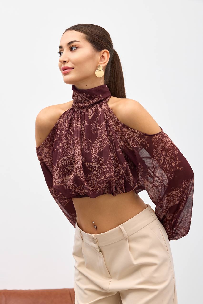 Bordo Omuzu Açık Belden Lastikli Bluz - Çok Renkli