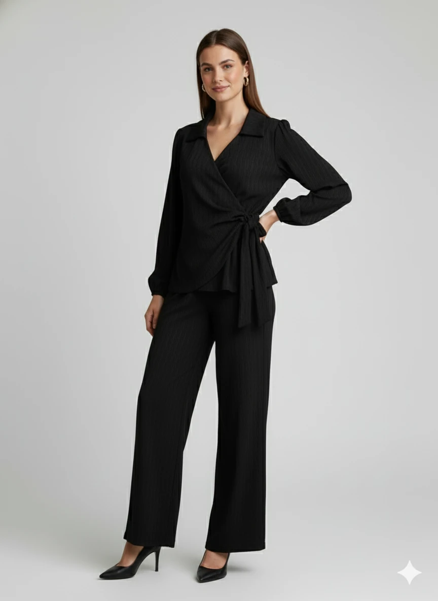 Kadın Kruvaze Bluz ve Geniş Paça Pantolon İkili Takım Bürümcük Kumaş Şık Set