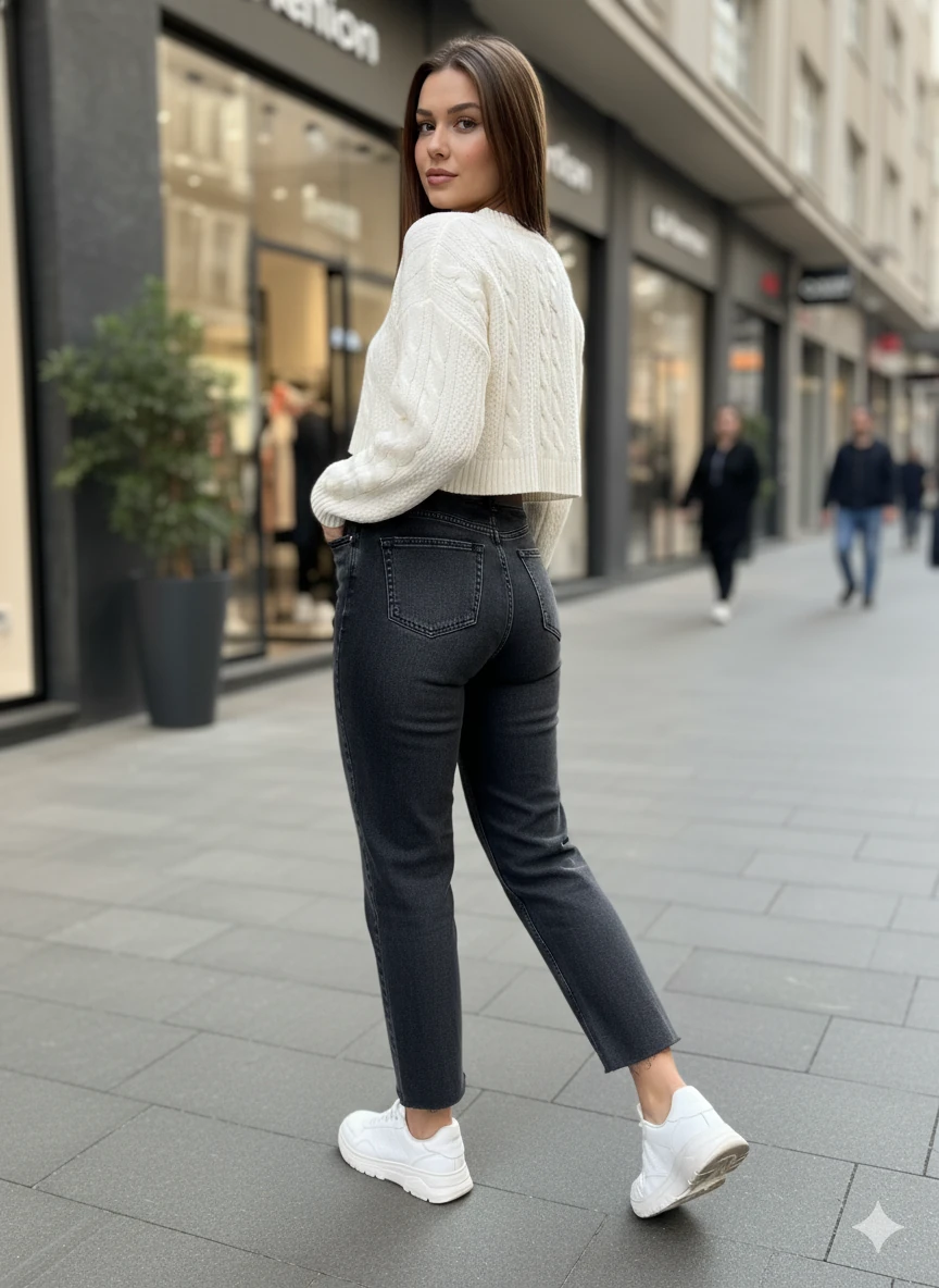 Kadın Yüksek Bel Mom Jean Kesik Paça Detaylı Gold Tokalı Kemerli Düz Kesim Denim