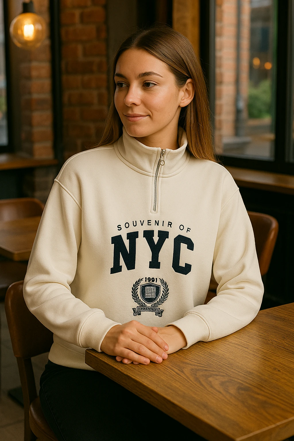 ÖNÜ FERMUARLI NYC BASKILI SWEAT