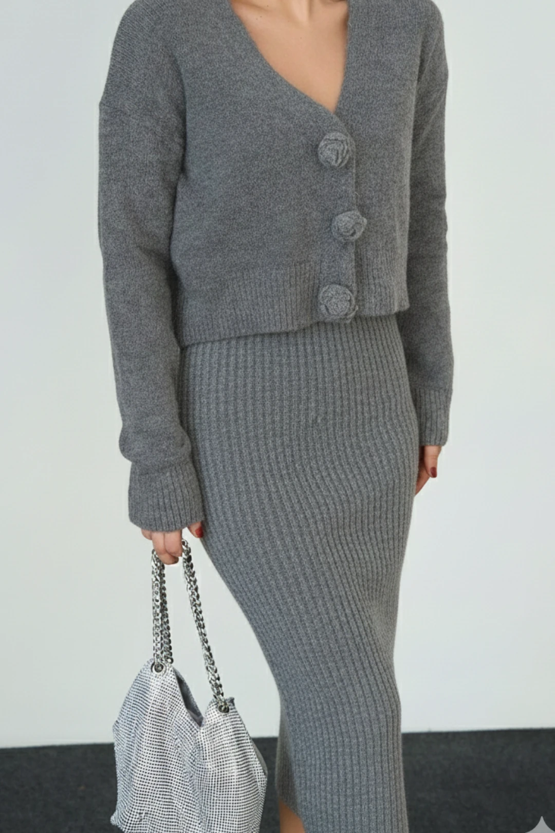 Kadıni Örgü Kısa Hırka Kazak - Gri