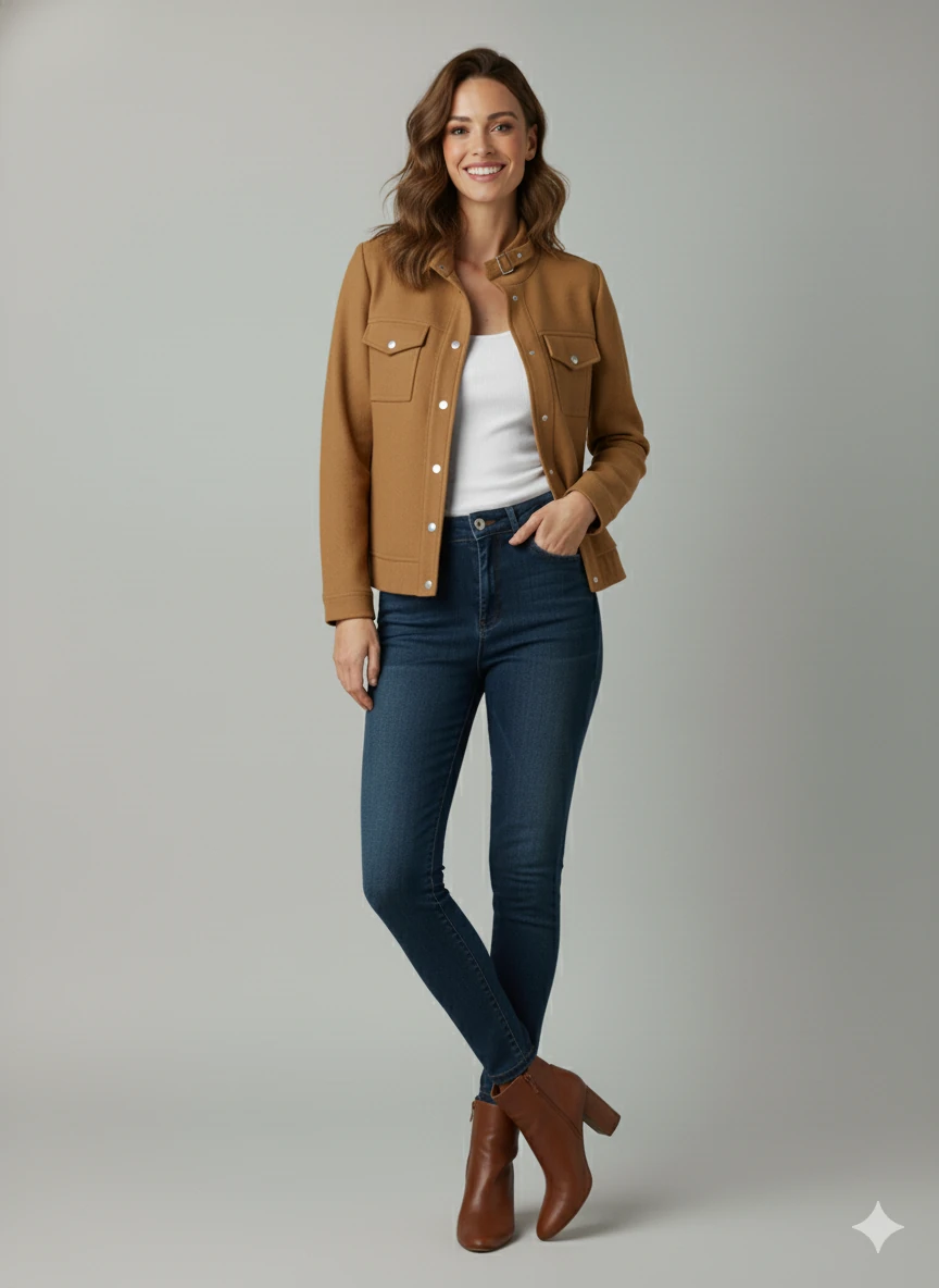 Kadın Taba Zarif Kısa Ceket Toka Detaylı Dik Yaka Cepli Süet/Kaşe Baharlık Ceket - Taba