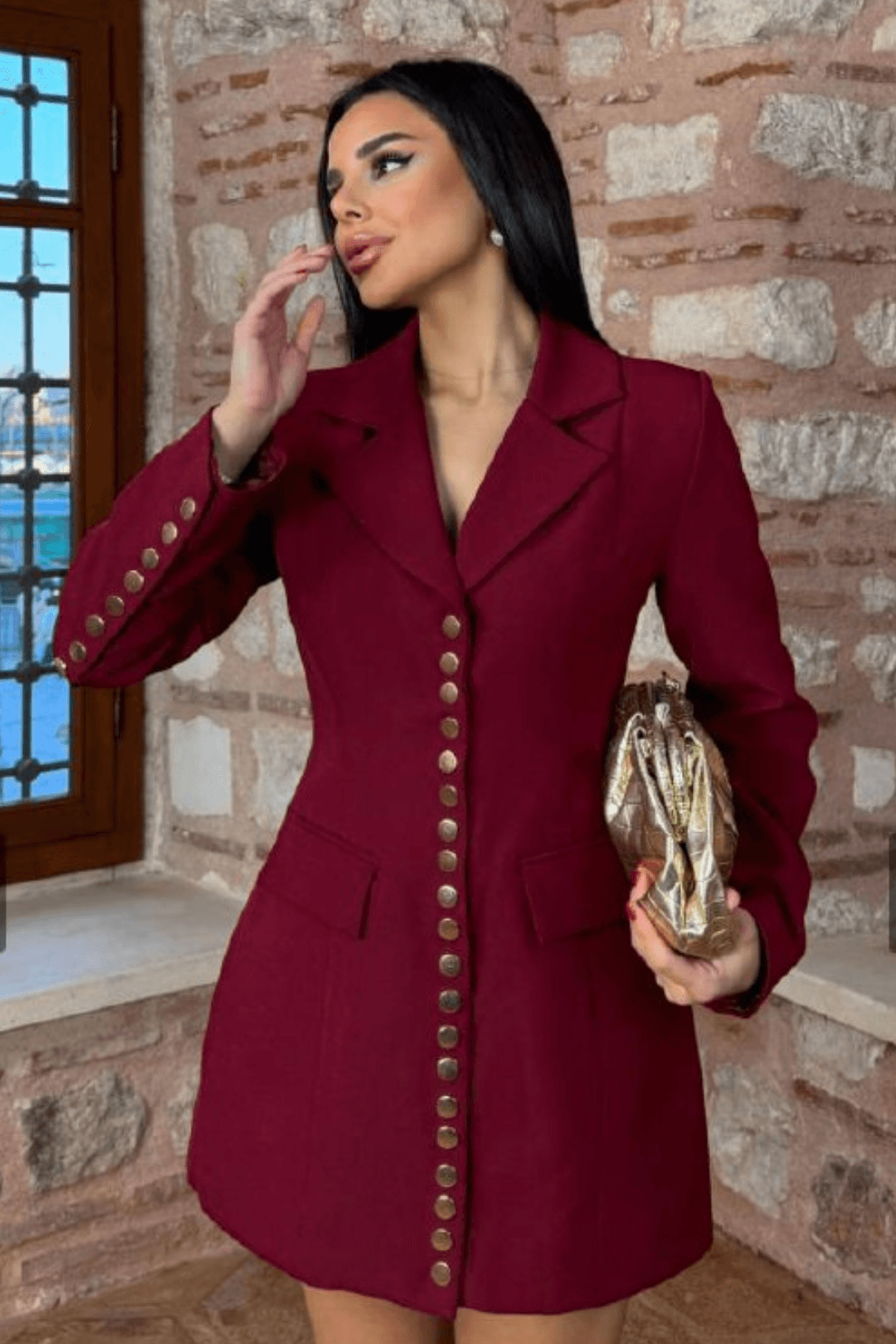  Kadın Bordo Çıt Çıt Gold Düğmeli Mini Ceket Elbise  - Bordo
