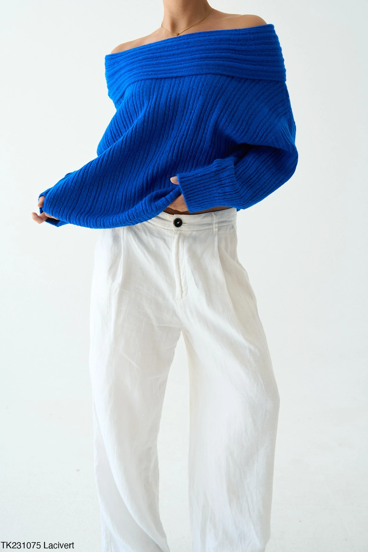 Kadın Omuz Açık Kaburga Örgü Geniş Yaka Büyük Boy Kazak - Lacivert