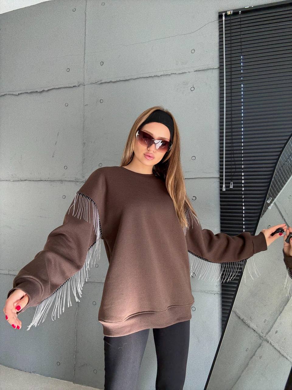 Püsküllü Uzun Kollu Sweat - Kahverengi