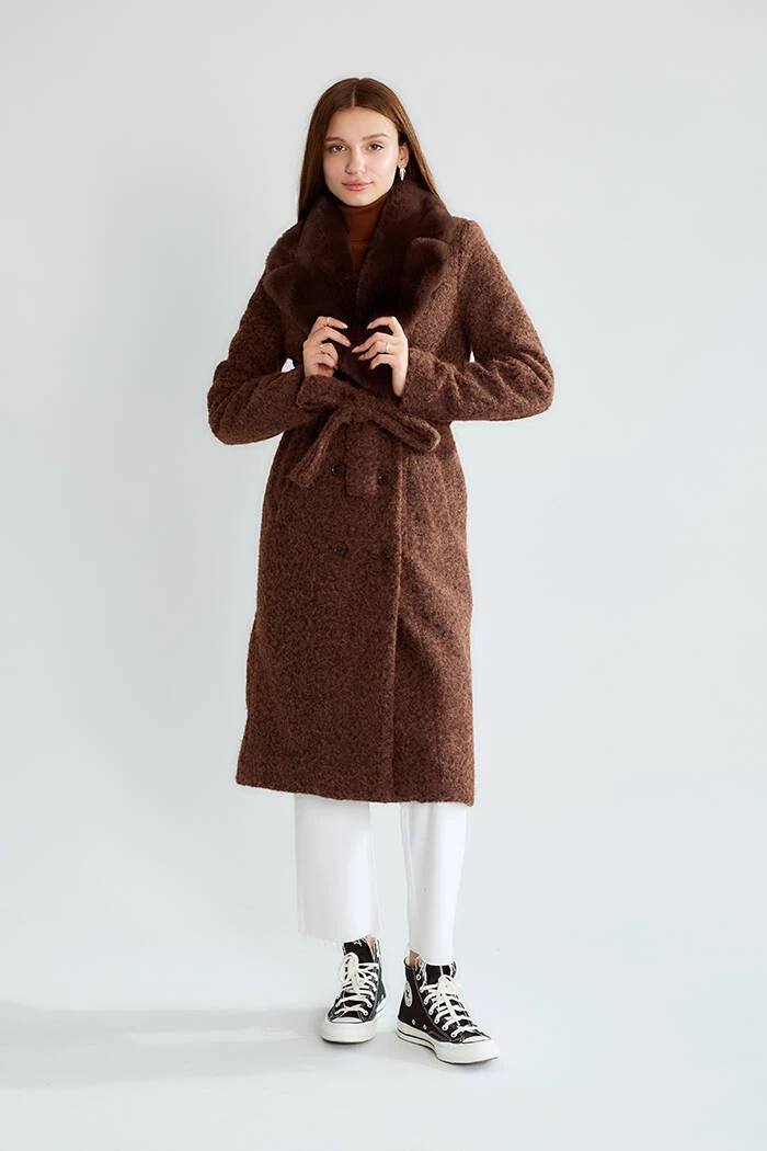 Kadın Kahverengi Bukle Kumaş Uzun Kaban Büyük Yakalı Kışlık Palto Teddy Kaban