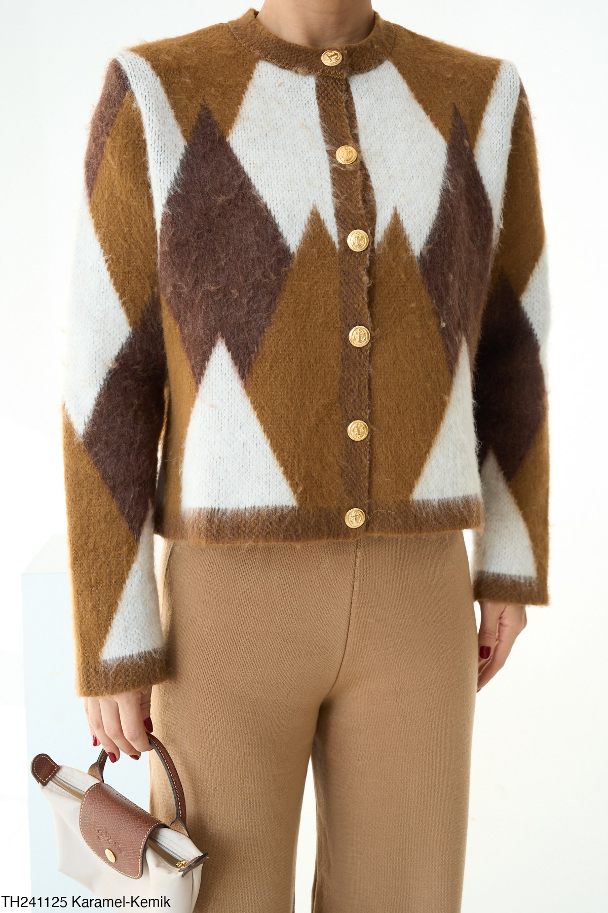 Altın Düğmeli Tüylü Örgü Argyle Hırka Kazak