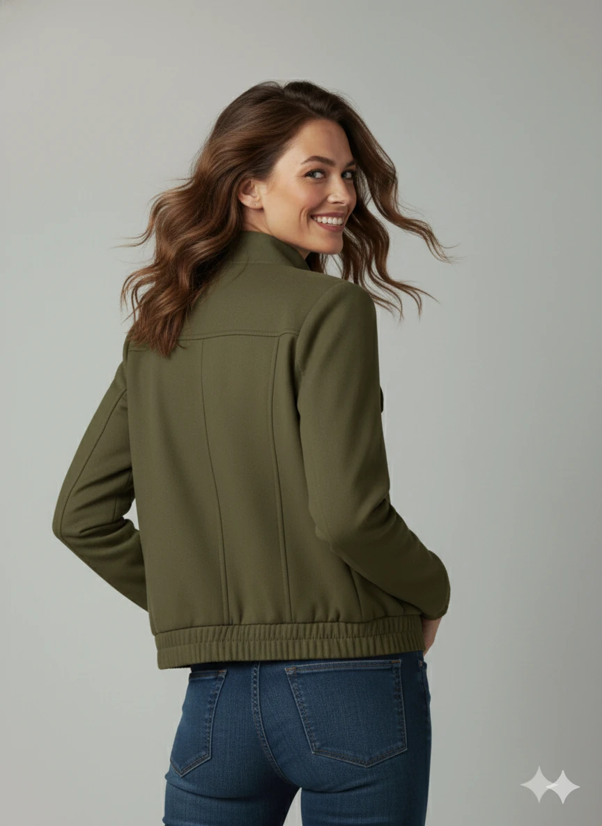 Kadın Taba Zarif Kısa Ceket Toka Detaylı Dik Yaka Cepli Süet/Kaşe Baharlık Ceket - Haki Yeşili