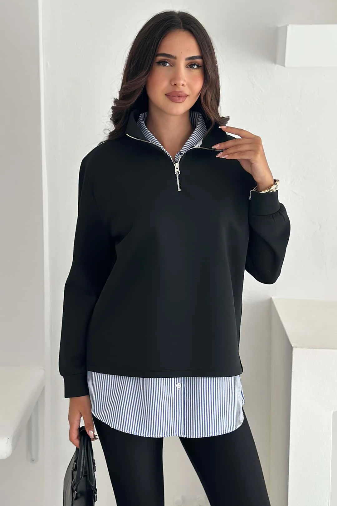 Fermuarlı Oversize Sweatshirt & Gömlek – Katmanlı Şehir Stili - Siyah