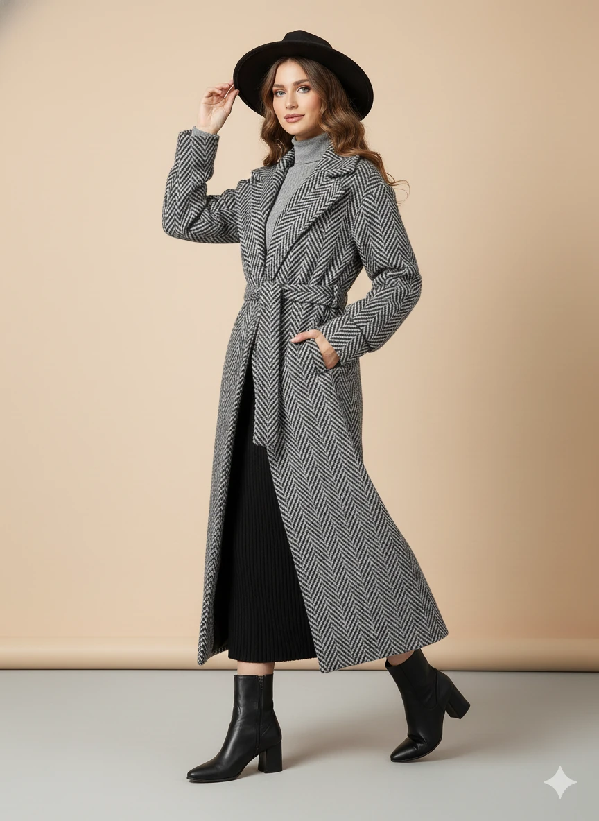 Balıksırtı/Chevron Desenli Yün Palto Kuşak Bağlama Detaylı Uzun Kaban Gri Kışlık