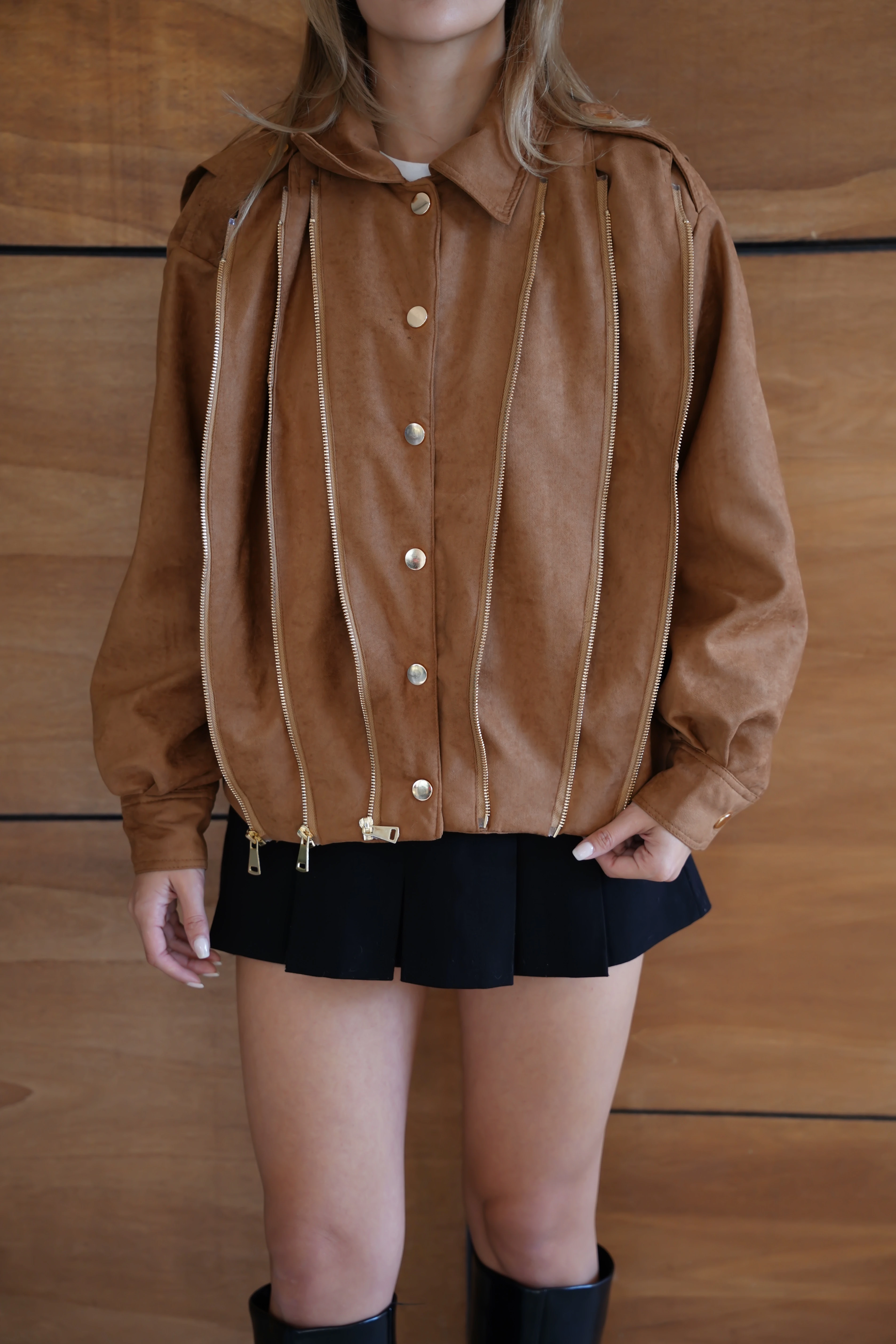 Kadın Bordo Fermuar Detaylı Kısa Ceket Bomber Gömlek Yaka Baharlık Ceket - Camel