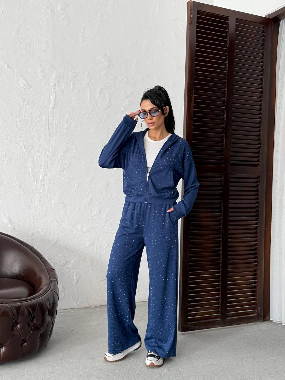 Taş İşlemeli Kapüşonlu Fermuarlı Boru Paça Kadın Eşofman Takımı - İndigo