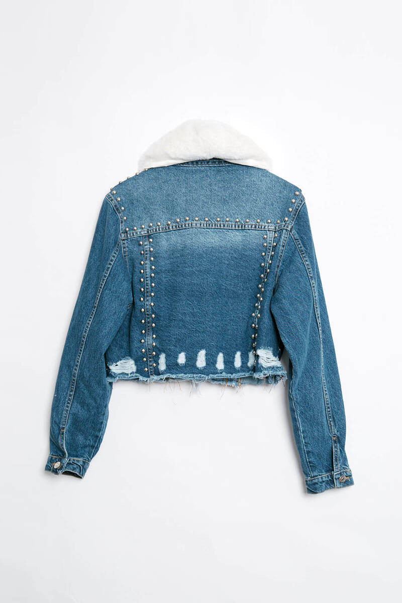 Kadın İçi Kürklü Jean Ceket Mavi